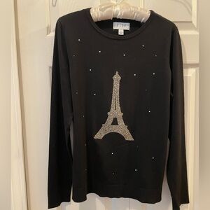 Elle Black Sweater with Silver Sequin Eiffel Tower Design Size L EUC
